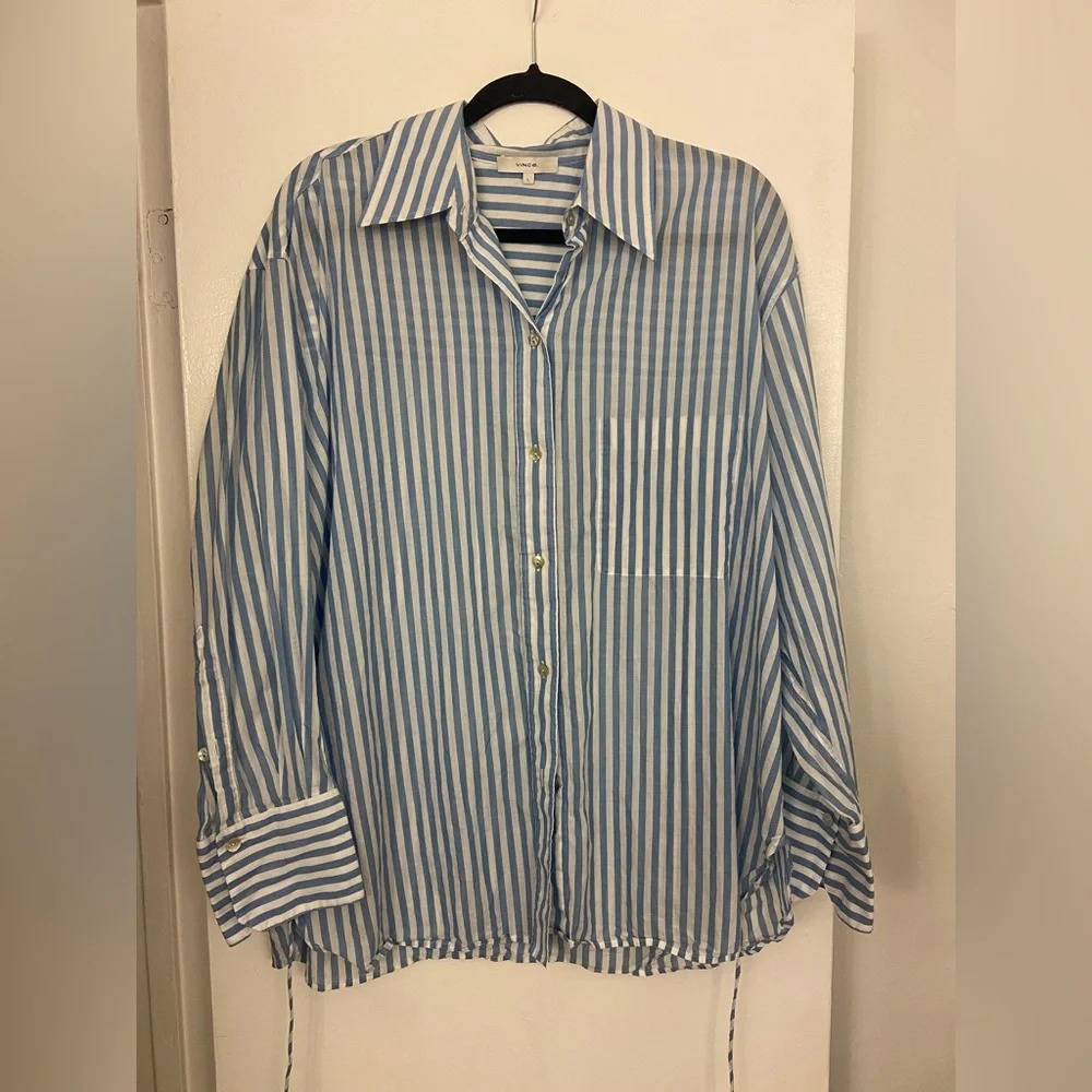 Vince Oversized Striped Long Sleeve Shirt Riviera Blue White Size Large - Picture 3 of 7